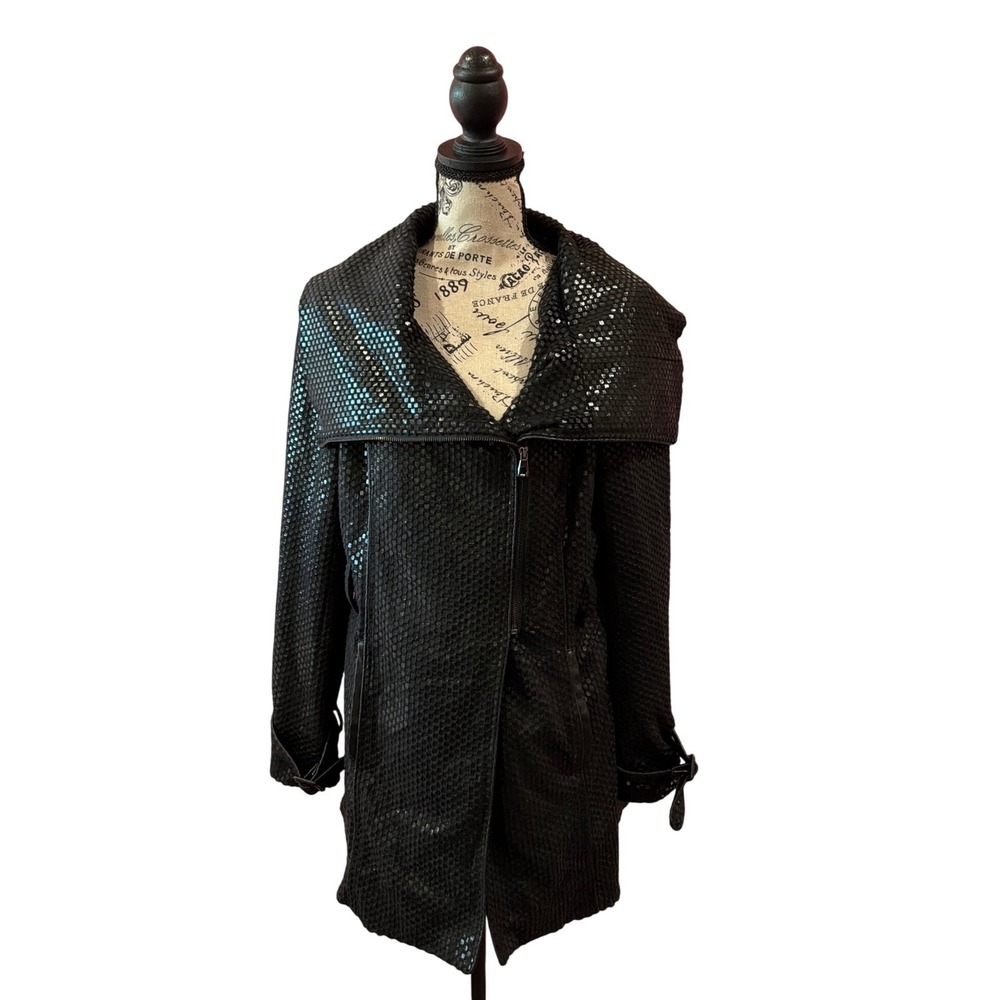 Insight New York Black Metallic Textured Asymmetric Zip Shawl Collar Coat 6